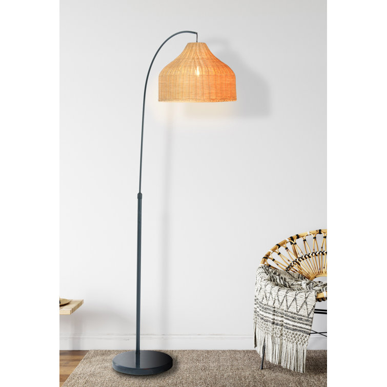 Joss & Main Arched Floor Lamp With Woven Rattan Shade, Black Metal Stem